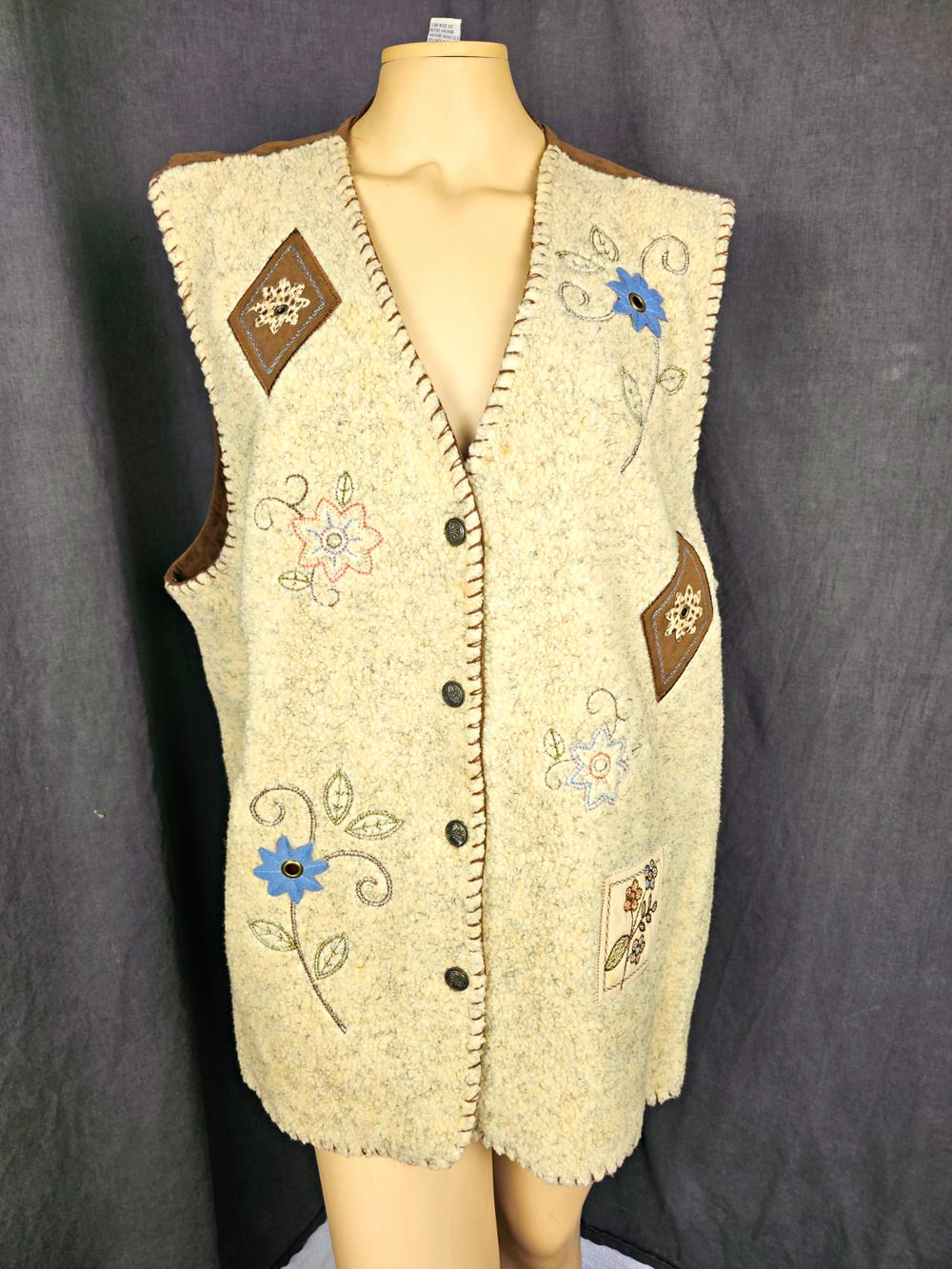 Vintage Fleece Embroidered Floral Vest Faux Suede Back Cottagecore Shacket 3X